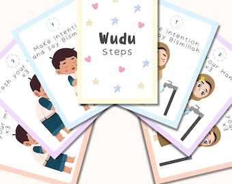 Tarjetas didácticas de los pasos del Wudu para niños / Tarjetas de ablución islámica para niños y niñas / Recursos de aprendizaje imprimibles / Educación musulmana / Descarga digital
