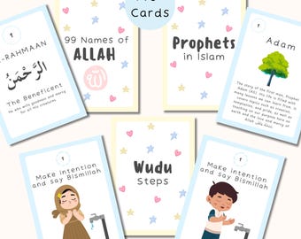Set of 3 Islamic Flashcard Bundle for Kids | 99 Names of Allah, Prophets in Islam & Wudu Steps | Muslim Learning Cards |Homeschool Printable