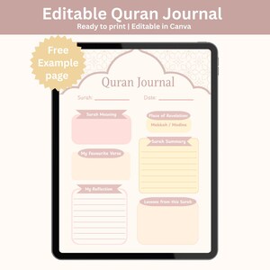 Könnte beinhalten: Ein digitales Koran-Journal auf einem Tablet. Das Journal enthält Abschnitte für Surendetails, Bedeutung, Lieblingsverse, Reflexion und Zusammenfassung. Der Text "Editable Quran Journal" und "Ready to print | Editable in Canva" sind sichtbar.