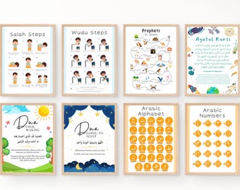 Boy Islamic Educational Poster Bundle | Muslim Kids Wall Art Set of 8 |Arabic Alphabet & Numbers Posters | Salah Wudu Dua Printable