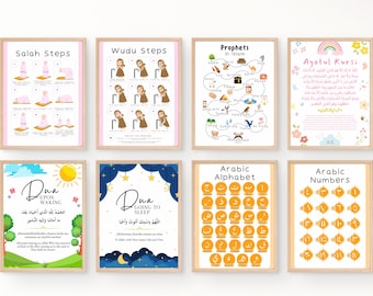 Girl Islamic Educational Poster Bundle | Muslim Kids Wall Art Set of 8 |Arabic Alphabet & Numbers Posters | Salah Wudu Dua Printable