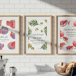 May include: Three framed watercolor prints with botanical illustrations. The prints feature figs, olives, and pomegranates, with text in Arabic and English. The frames are light brown, and the artwork is displayed on a white tiled wall.