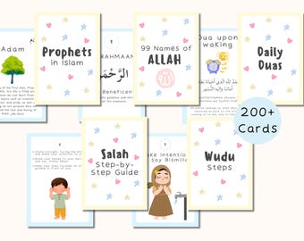 Set of 5 Islamic Flashcard Bundle for Kids | Daily Duas, Wudu Steps, Salah Guide, Prophets in Islam & 99 Names of Allah | Muslim Learning