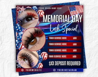 Memorial Day lash Flyer, Memorial day lashes Special Flyer, lash Special deal Flyer, Memorial Day Flyer, lash Esthetician , Canva Editable