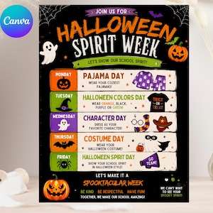 May include: A black Halloween Spirit Week flyer featuring orange text and illustrations of ghosts, pumpkins, and bats. It lists daily themes from Monday to Friday, including Pajama Day, Halloween Colors Day, Character Day, Costume Day, and Spirit Day.