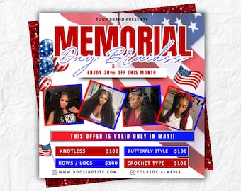 Memorial Day Knotless Braids Flyer, Memorial day Braids Flyer, Knotless Braids Sale Flyer, Memorial Day Flyer, Braids Special Deal, Canva