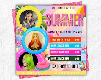 Summer Booking Flyer, Summer Book now, Summer Season, Summer special deals, Lash Braids Nails Hair Stylist, Summer flyer, Canva Template