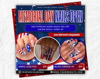 Memorial Day Nail Flyer, Memorial day Nail Special Sale Flyer, Nail Special deal Flyer, Memorial Day Flyer, Nail Tech Flyer, Canva Editable