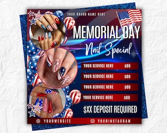 Memorial Day Nail Flyer, Memorial day Nail Special Sale Flyer, Nail Special deal Flyer, Memorial Day Flyer, Nail Tech Flyer, Canva Editable