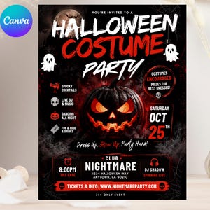 Puede incluir: Un folleto de fiesta de disfraces de Halloween con una calabaza brillante, ilustraciones de fantasmas blancos y telarañas sobre un fondo negro. El texto incluye "Halloween Costume Party", "Saturday Oct 25th" y "Club Nightmare".