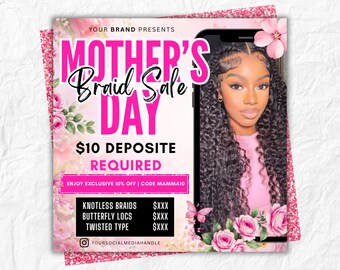 Mother's Day Braids Deal Flyer, Knotless Boho Feed-In Styles (Canva Template)