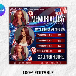 May include: A Memorial Day promotional graphic with a patriotic theme. It features images of women, American flags, and red, white, and blue balloons. Text includes "Memorial Day," "May Bookings Are Open Now," and service details.