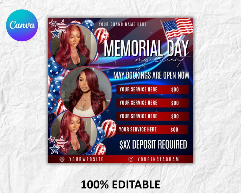 May include: A Memorial Day promotional graphic with a patriotic theme. It features images of women, American flags, and red, white, and blue balloons. Text includes "Memorial Day," "May Bookings Are Open Now," and service details.