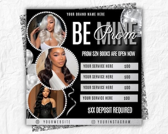 Prom Booking Flyer, Prom Season Flyer, Prom Season Special Deals, Homecoming Flyer, MUA Lashes Nails Hair Braids wig Flyer, Canva