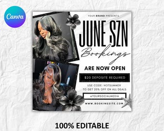 June Booking Flyer Template, Summer Season, MUA Lash Hair (Canva Editable)