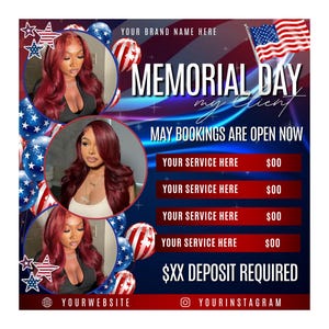 May include: A promotional graphic for Memorial Day with an American flag and patriotic balloons. The image features three portraits of a person with red hair, and text that reads "Memorial Day," "May Bookings Are Open Now," and service details.