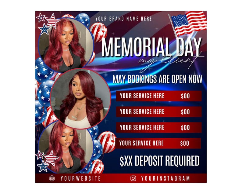 May include: A promotional graphic for Memorial Day with an American flag and patriotic balloons. The image features three portraits of a person with red hair, and text that reads "Memorial Day," "May Bookings Are Open Now," and service details.