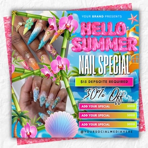 Puede incluir: Un folleto promocional con uñas largas decoradas con diseños azules, naranjas y florales, acentuado por tallos de bambú, orquídeas rosas y una concha marina. El texto incluye HELLO SUMMER NAIL SPECIAL, 30% OFF y espacios para precios.