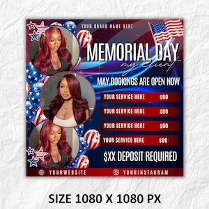 May include: A Memorial Day promotional graphic with a red, white, and blue theme. It features images of women, American flags, and balloons. Text includes "Memorial Day," "May Bookings Are Open Now," and service details.