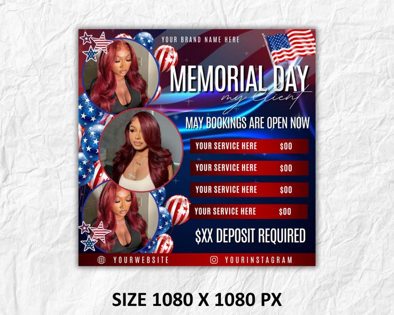 May include: A Memorial Day promotional graphic with a red, white, and blue theme. It features images of women, American flags, and balloons. Text includes "Memorial Day," "May Bookings Are Open Now," and service details.