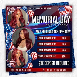 memorial day flyer, memorial day Booking flyer, memorial day special, Memorial day book now flyer, Memorial Day Flyer, Memorial Special sale Flyer, Holiday Sale Flyer, Summer Season Flyer, Memorial Flyer, Flash Sale, Canva Editable template, Memorial Day Party Flyer Memorial Day Booking Flyer, Memorial Day Specials Flyer, May Booking Flyer, Makeup, Hair, Lashes, Nails, DIY Canva Template, Memorial Day Flyer, Prices Flyer, DIY Sale Flyer, Holiday Sale Flyer, Flyer Template, Lash flyer, Nail flyer