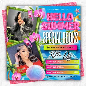 Puede incluir: Un gráfico promocional con el texto "HELLO SUMMER SPECIAL BOOKS" en letras rosas de burbujas. La imagen incluye fotos de dos mujeres, bambú, orquídeas y una concha. El gráfico también indica "30% Off".