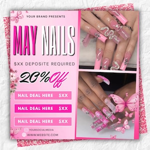 May include: A pink promotional flyer for May Nails, featuring images of manicured nails with rhinestones and butterfly accents. The flyer includes text that reads "MAY NAILS", "20% Off", and "NAIL DEAL HERE".