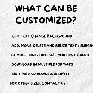 May include: White background with black text that reads "WHAT CAN BE CUSTOMIZED?" followed by a list of customization options: edit text, change background, add/move/delete/resize text & elements, change font/size/color, download in multiple formats, no time/download limits, and contact for other sizes.