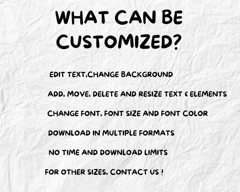 May include: White background with black text that reads "WHAT CAN BE CUSTOMIZED?" followed by a list of customization options: edit text, change background, add/move/delete/resize text & elements, change font/size/color, download in multiple formats, no time/download limits, and contact for other sizes.