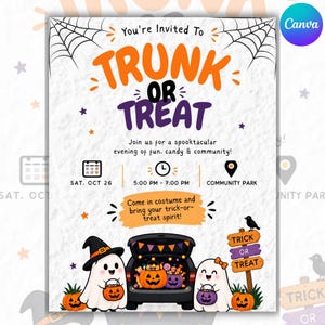 Op de afbeelding: Een Trunk or Treat evenementenflyer met oranje en paarse tekst, spinnenwebben en twee cartoongeesten met pompoenemmers. Het ontwerp bevat een kofferbak vol snoep, een houten bord en de evenementgegevens voor zaterdag 26 oktober.