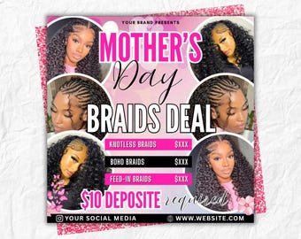 Mother's Day Braids Deal Flyer, Knotless Boho Feed-In Styles (Canva Template)