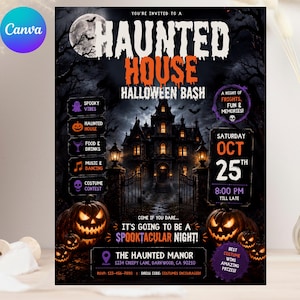 Puede incluir: Un folleto de invitación para una fiesta de Halloween con una mansión oscura y espeluznante de noche con luna llena, calabazas brillantes y el texto "You're invited to a Haunted House Halloween Bash" el sábado 25 de octubre a las 20:00 horas.