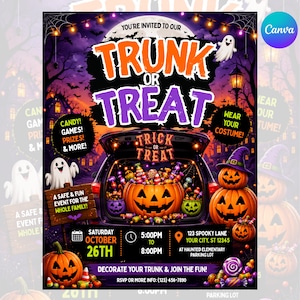 May include: A Trunk or Treat event flyer featuring a purple and orange Halloween theme with a car trunk filled with pumpkins and candy. Text includes: You're invited to our Trunk or Treat, Saturday October 26th, 5:00PM to 8:00PM, 123 Spooky Lane.