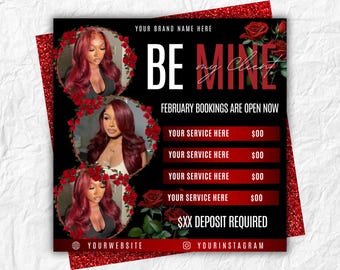 Valentine's Day Booking Flyer, Braids, Lash, Makeup, Nail, Wig (Canva Editable Template)