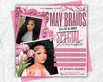 Mother's Day Braids Deal Flyer, Knotless Boho Feed-In Styles (Canva Template)