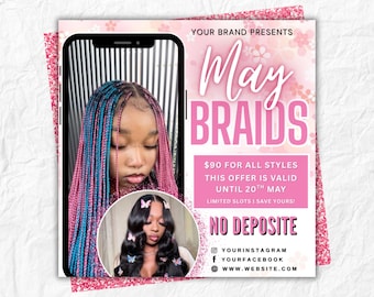 May Braids Flyer, Braids Booking Flyer, May Booking, Mother's Day Braids  Deals, Braider, Braids Special deals, Mother's Day Special, Canva