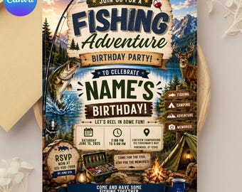 Fishing Birthday Invitation Template , Fishing Adventure Birthday Party Flyer, Outdoor Camping Birthday Invitation, Boy Birthday  Template