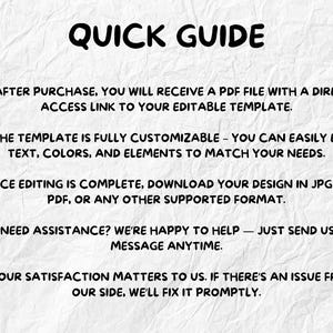 May include: A white paper with the text "QUICK GUIDE" in bold black letters. The guide provides instructions on how to use a template, including downloading and editing options. The text is accompanied by checkmarks.