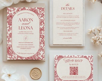 Burgundy Wedding Invitation Suite, Vintage Elegant Floral Wedding Invite, Editable Printable, Canva, RSVP Card, QR Code (Digital Download)