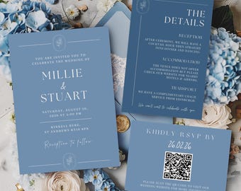 Dusty Blue Wedding Invitation Suite, Editable Canva Template, Elegant Wedding Invitation Bundle, Minimalist Wedding Invite, QR Code RSVP