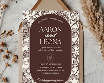 Double Sided Wedding Invitation Template, QR Code RSVP, All In One Wedding Invite, Chocolate Brown Invite, Editable Canva, Autumn Wedding
