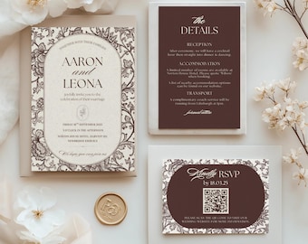 Old Money Wedding Invitation Suite in Espresso Brown | Editable Canva Wedding Invite Template | Vintage Floral Arch | QR RSVP Card