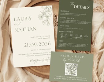 Sage Green Floral Wedding Invitation Suite, Botanical Canva Template (Digital Download)