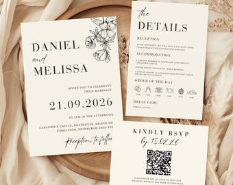 Minimalist Floral Wedding Invitation Suite, Elegant Canva Template (Instant Download)