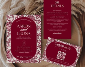 Burgundy Wedding Invitation Suite, Vintage Elegant Floral Wedding Invite, Editable Printable, Canva, RSVP Card, QR Code (Digital Download)