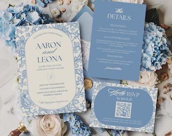 Dusty Blue Wedding Invitation Template, Editable Canva Wedding Invite Suite, Floral Printable Invite Set, Save the Date, RSVP, Details Card