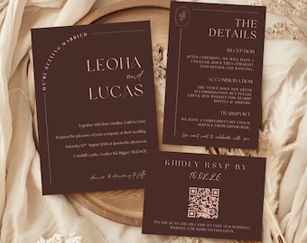 Chocolate Brown Modern Wedding Invitation Suite, QR Code RSVP, Editable Canva Wedding Invite Template, QR Code Rsvp, Printable Wed Invite