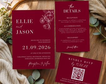 Burgundy Wedding Invitation Template | Editable Wedding Invitation Suite | Red Fall Wedding Invite | Canva Download