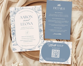 French Blue Wedding Invitation Template, Editable Canva Wedding Invite Suite, Floral Toile Save the Date, RSVP, Details Card, Something Blue