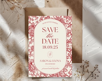 Burgundy Wedding Save The Date, Vintage Elegant Floral Wedding, Editable Printable (Digital Download)